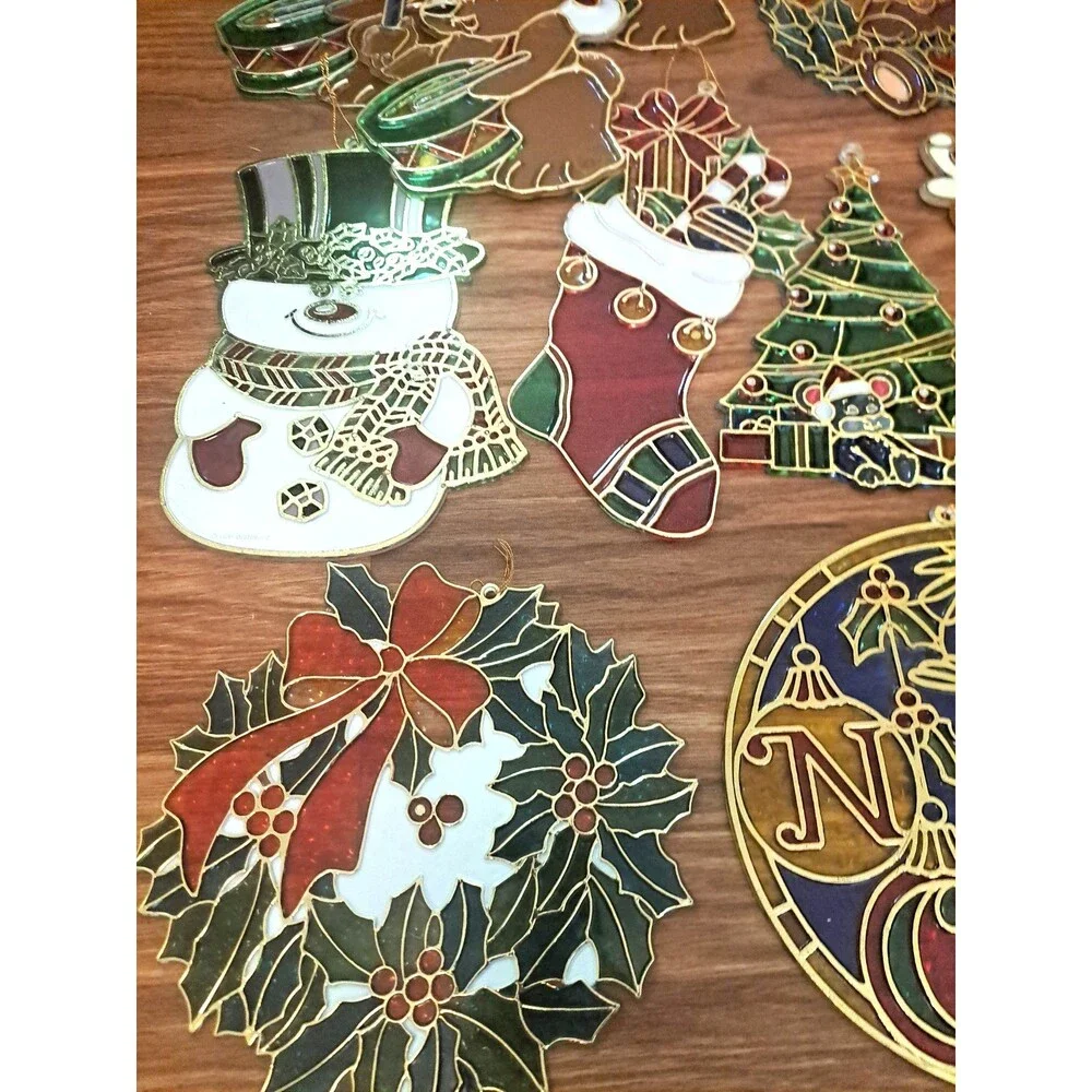 Christmas Suncatchers Window Hangers Plastic Stained Glass Style Bears Moose